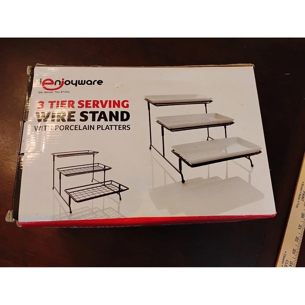 iEnjoyware 3 Tier Serving Wire Stand with 3 Porcelain Platters White Black New